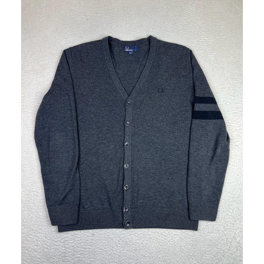 Fred Perry Sweater Mens Large Gray Wool Cotton V Neck Cardigan Stripe Knit